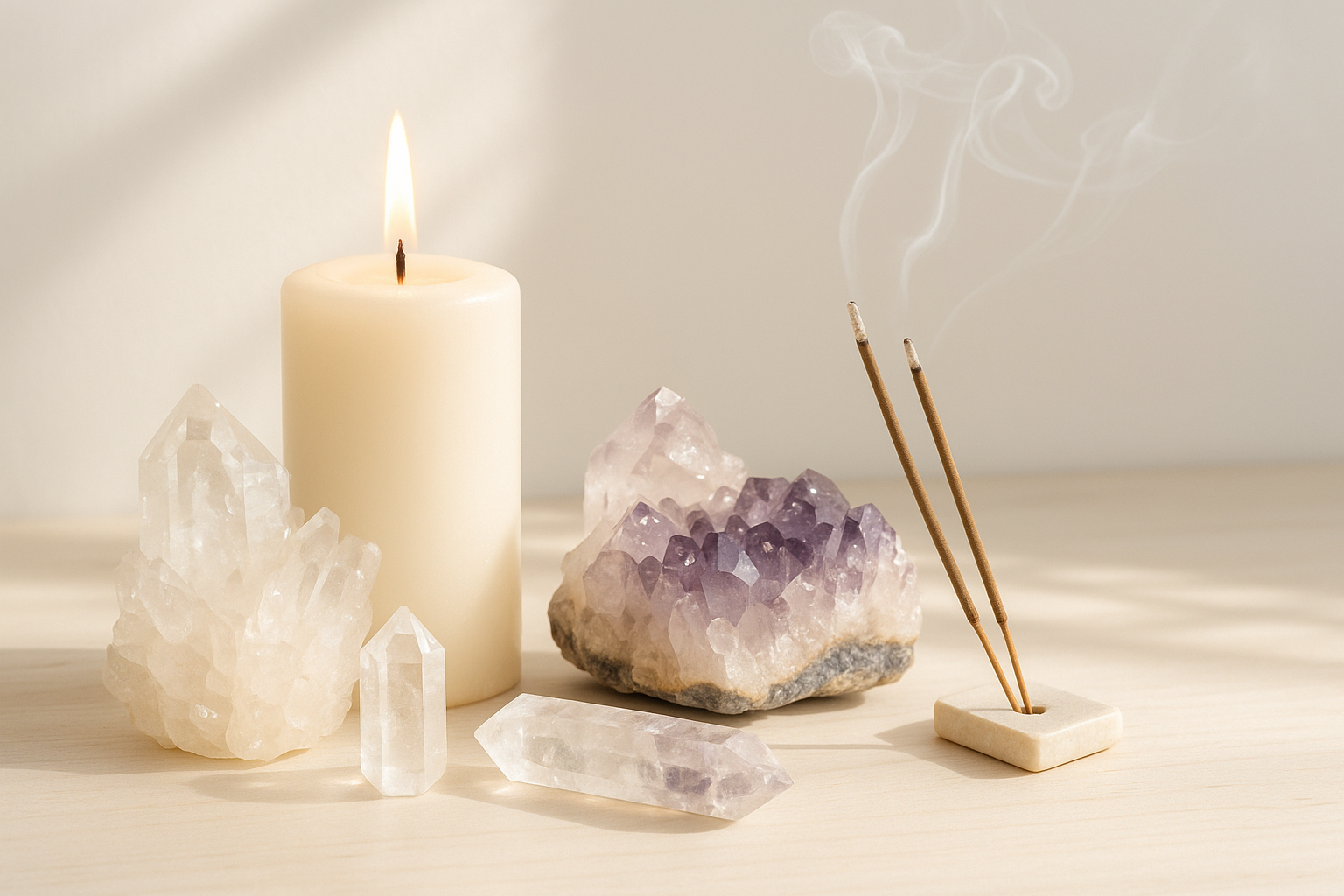 Altar espiritual con vela, algun mineral e incienso con tonos Claros y luminisos